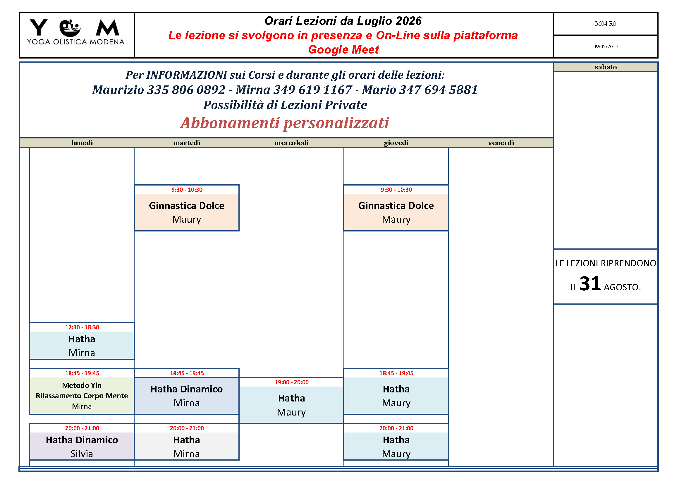 Calendario Orari Yoga Olistica Modena