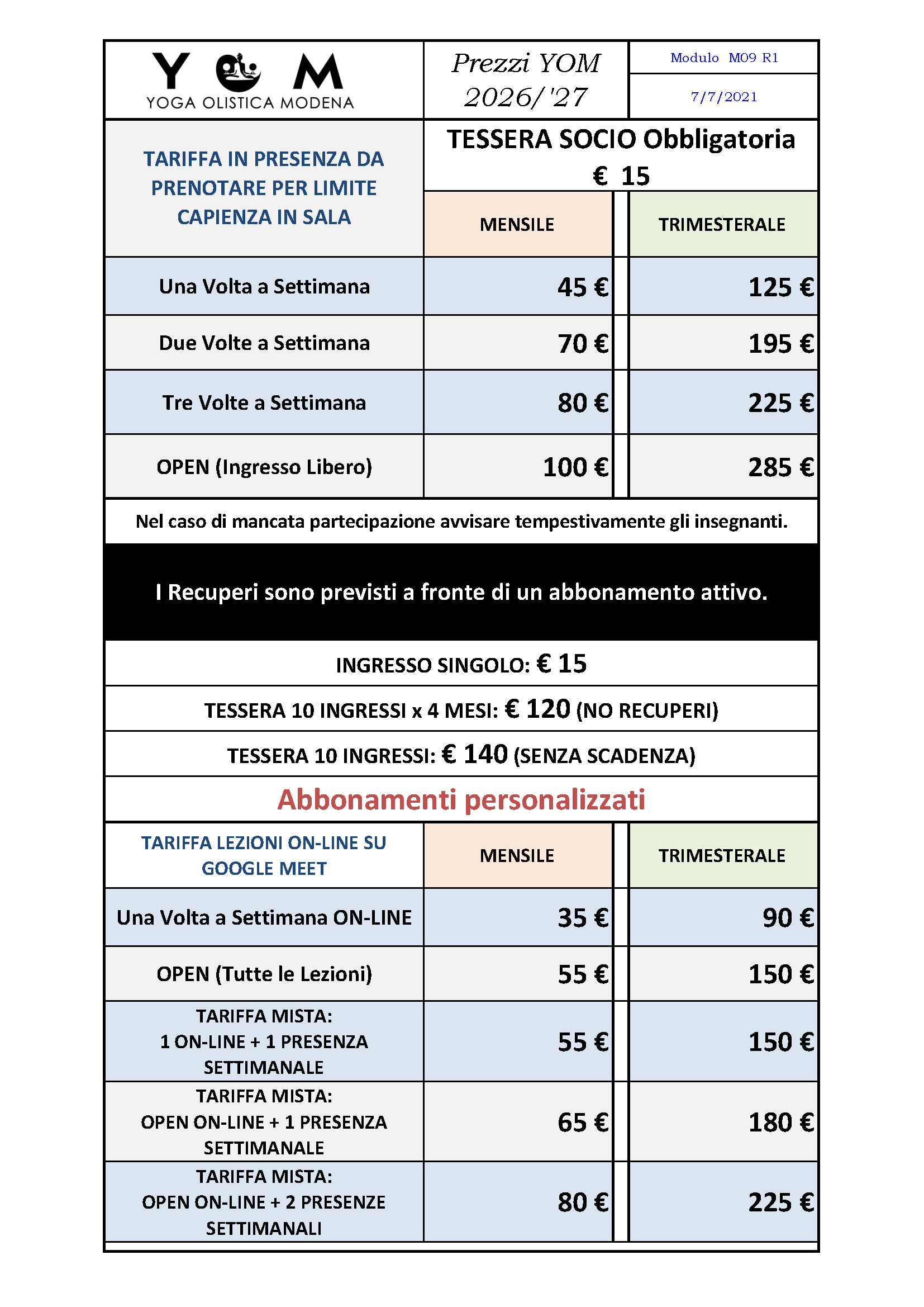 Scarica i prezzi delle Lezioni